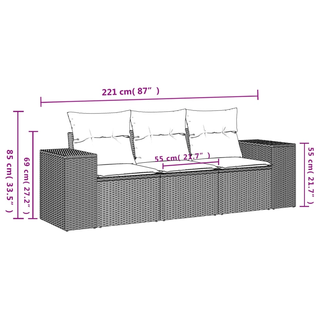3-teiliges Gartensofa-Set mit Kissen, schwarzes Polyrattan