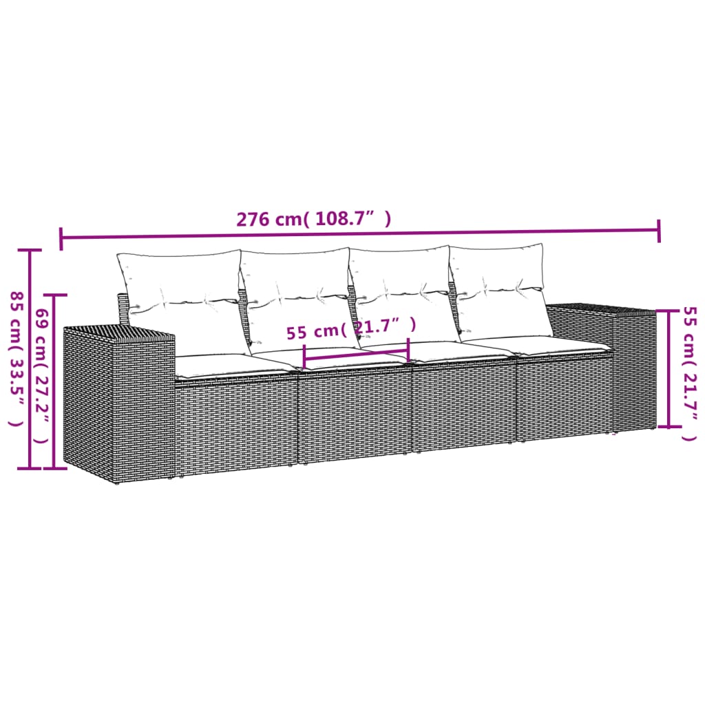 4-teiliges Gartensofa-Set mit Kissen, schwarzes Polyrattan
