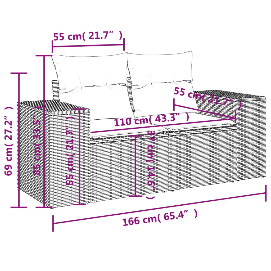 4-teiliges Gartensofa-Set mit Kissen, grau, Polyrattan