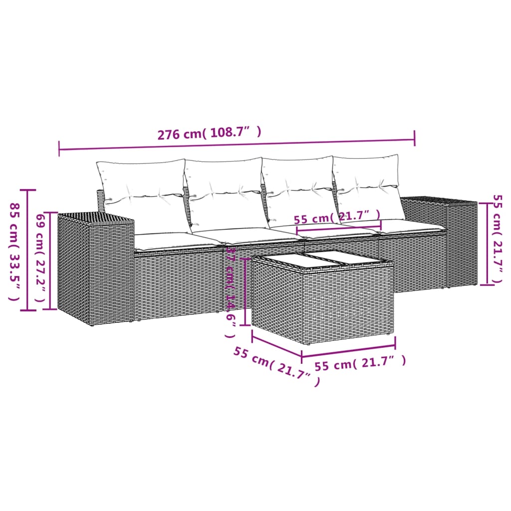 5-teiliges Gartensofa-Set mit Kissen, schwarzes Polyrattan