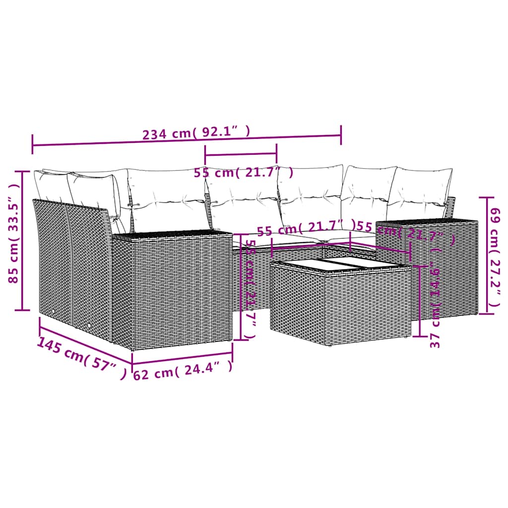 7-teiliges Gartensofa-Set mit Kissen, grau, Polyrattan