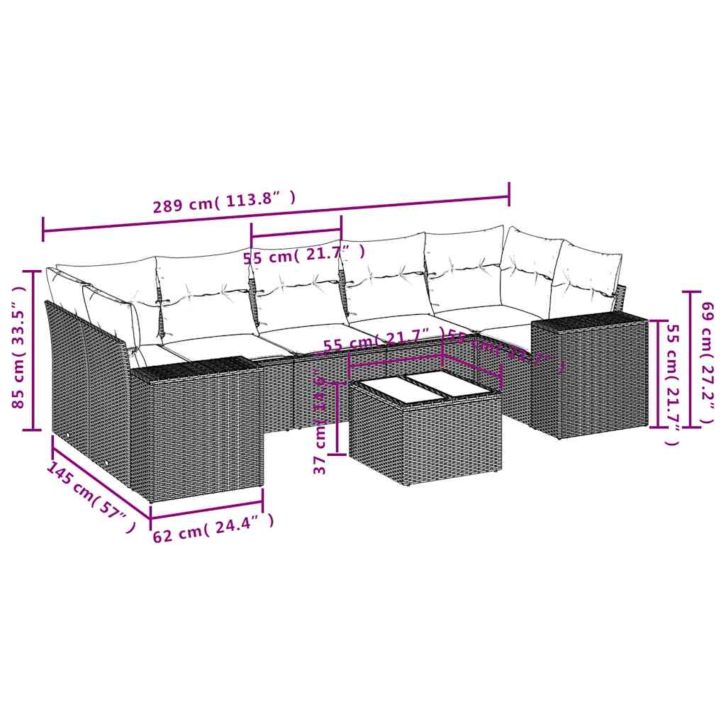 8-teiliges Gartensofa-Set mit Kissen, schwarzes Polyrattan