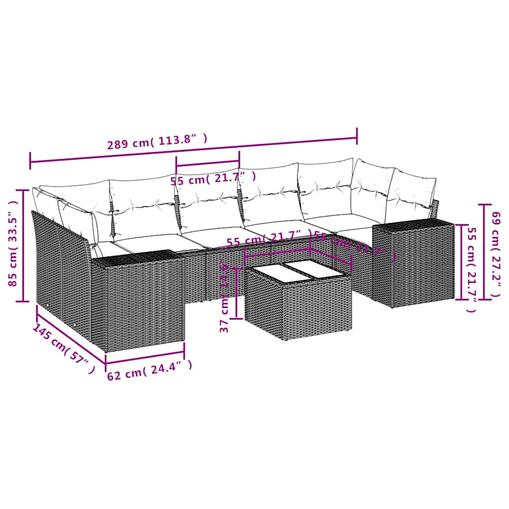 8-teiliges Gartensofa-Set mit Kissen, grau, Polyrattan