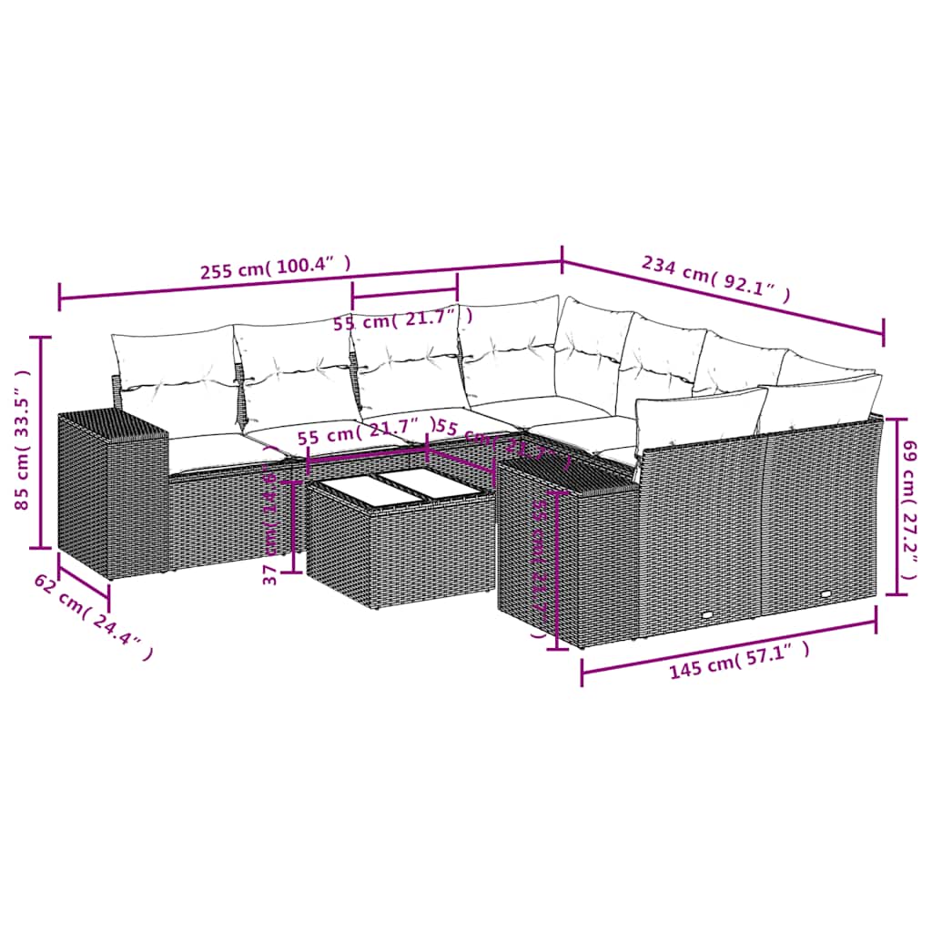 9-teiliges Gartensofa-Set mit Kissen, grau, Polyrattan