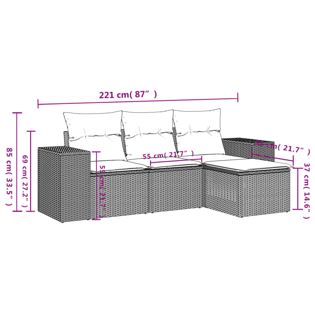 4-teiliges Gartensofa-Set mit Kissen, grau, Polyrattan