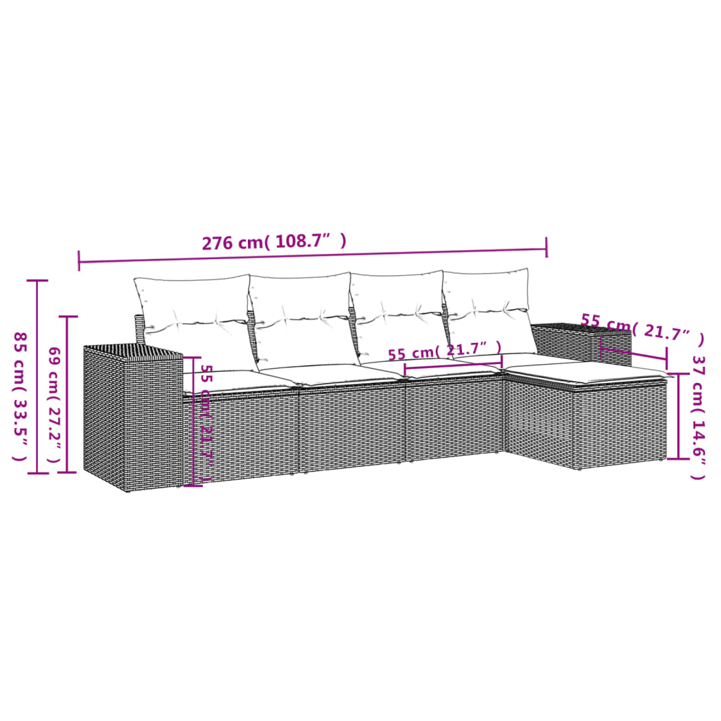 5-teiliges Gartensofa-Set mit Kissen, grau, Polyrattan