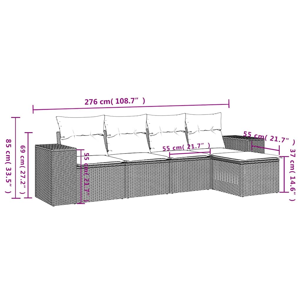 5-tlg. Garten-Sofagarnitur mit Kissen Hellgrau Poly Rattan