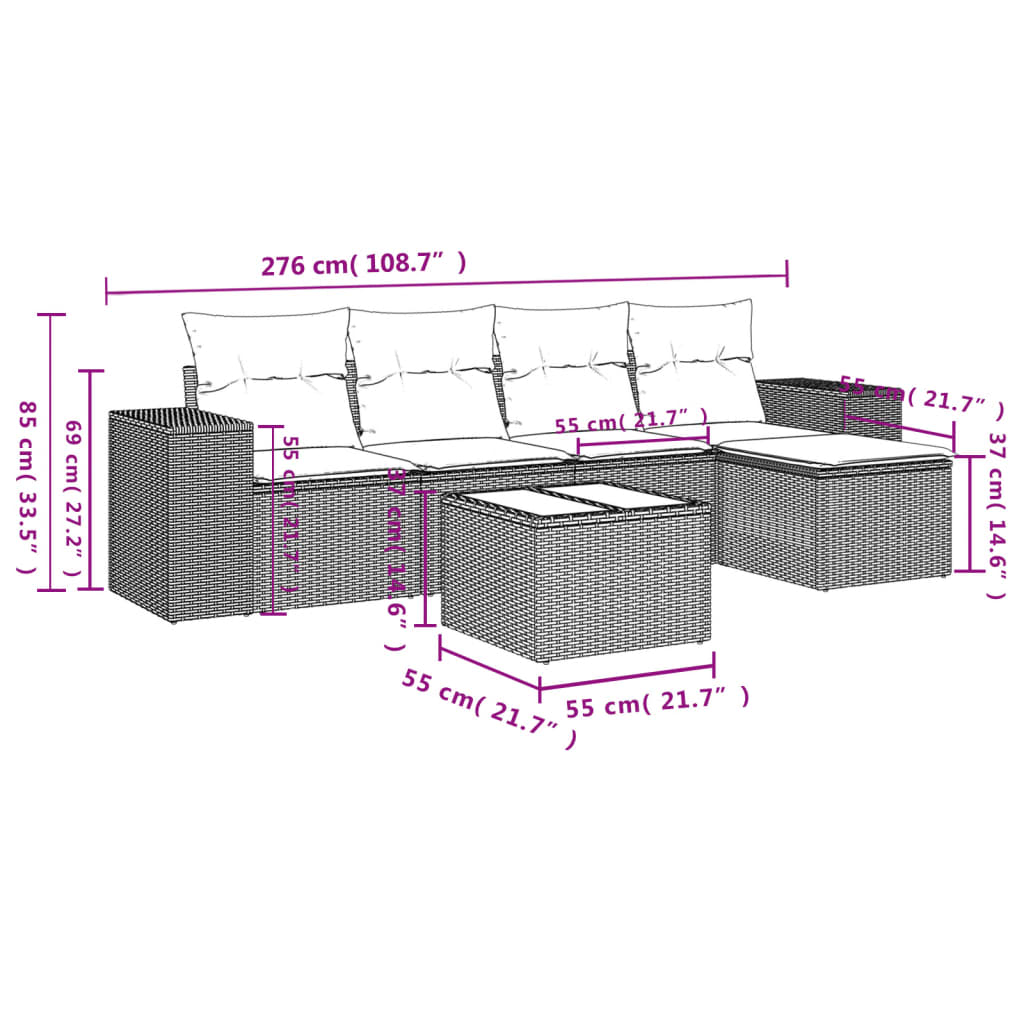 6-teiliges Gartensofa-Set mit Kissen, schwarzes Polyrattan