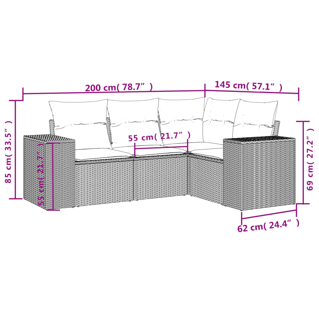 4-teiliges Gartensofa-Set mit Kissen, schwarzes Polyrattan