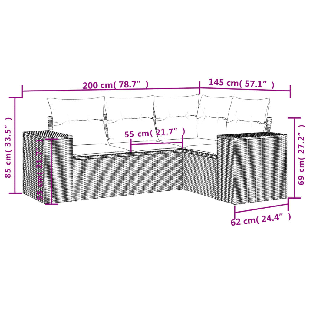 4-teiliges Gartensofa-Set mit Kissen, braun, Polyrattan