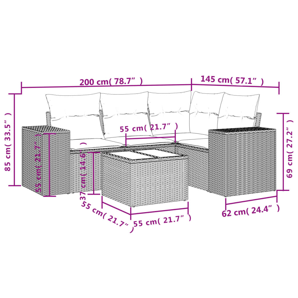 5-teiliges Gartensofa-Set mit Kissen, braun, Polyrattan