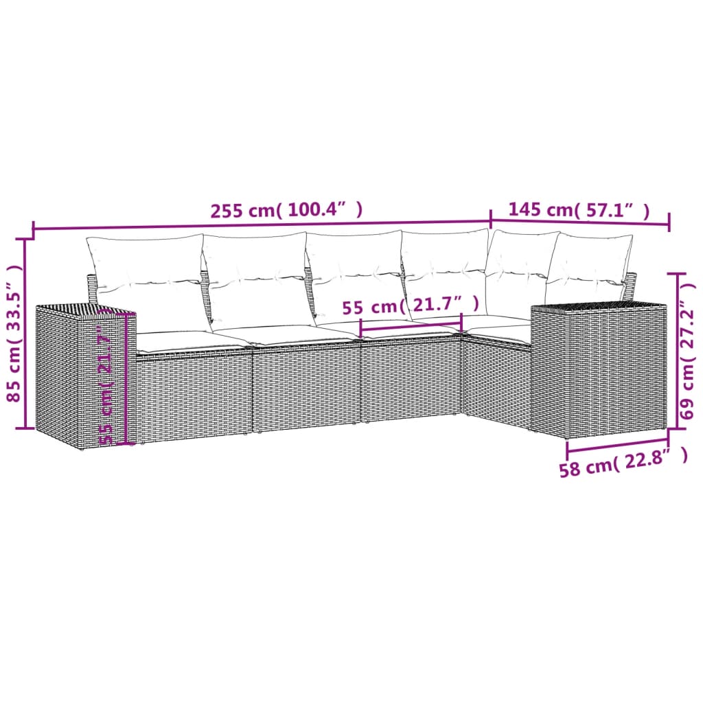 5-teiliges Gartensofa-Set mit Kissen, braun, Polyrattan
