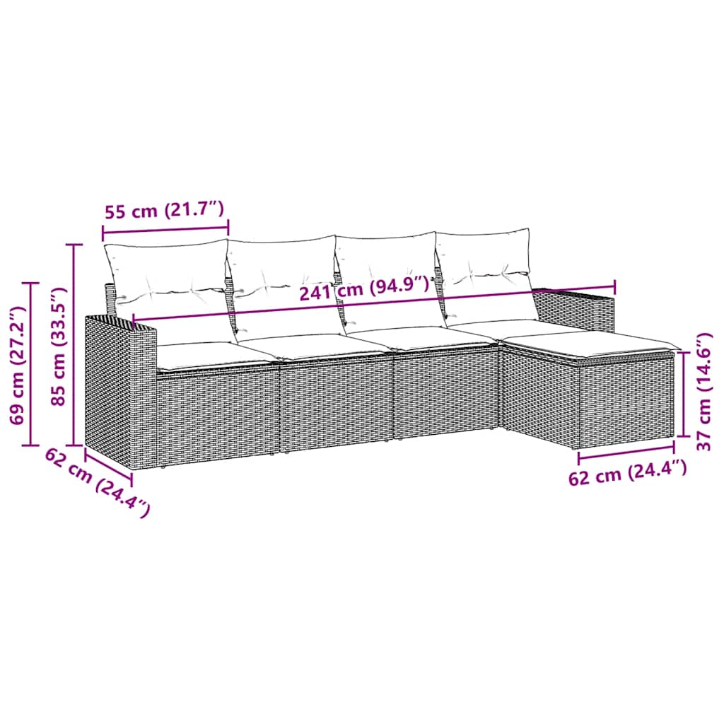 5-tlg. Garten-Sofagarnitur mit Kissen Schwarz Poly Rattan