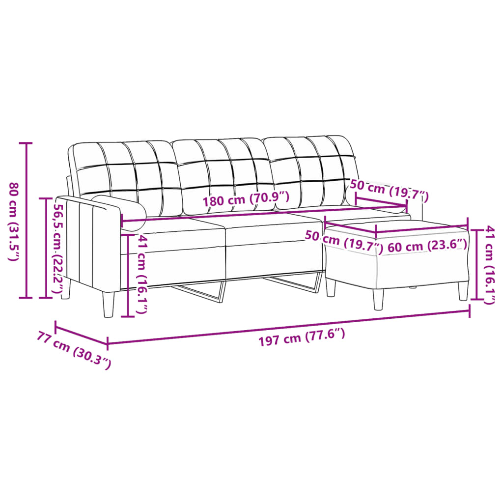 3-Sitzer-Sofa mit Hocker Schwarz 180 cm Samt