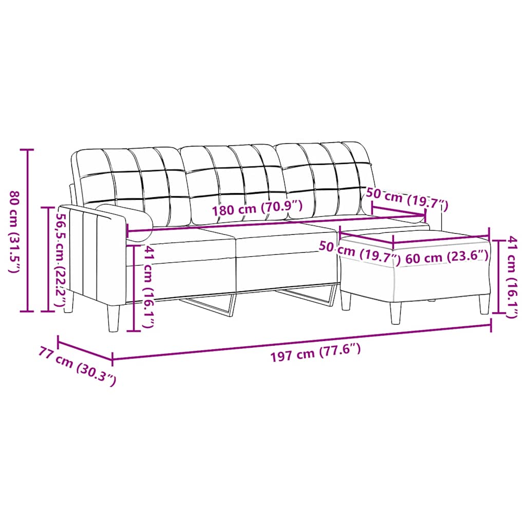 3-Sitzer-Sofa mit Hocker Creme 180 cm Samt