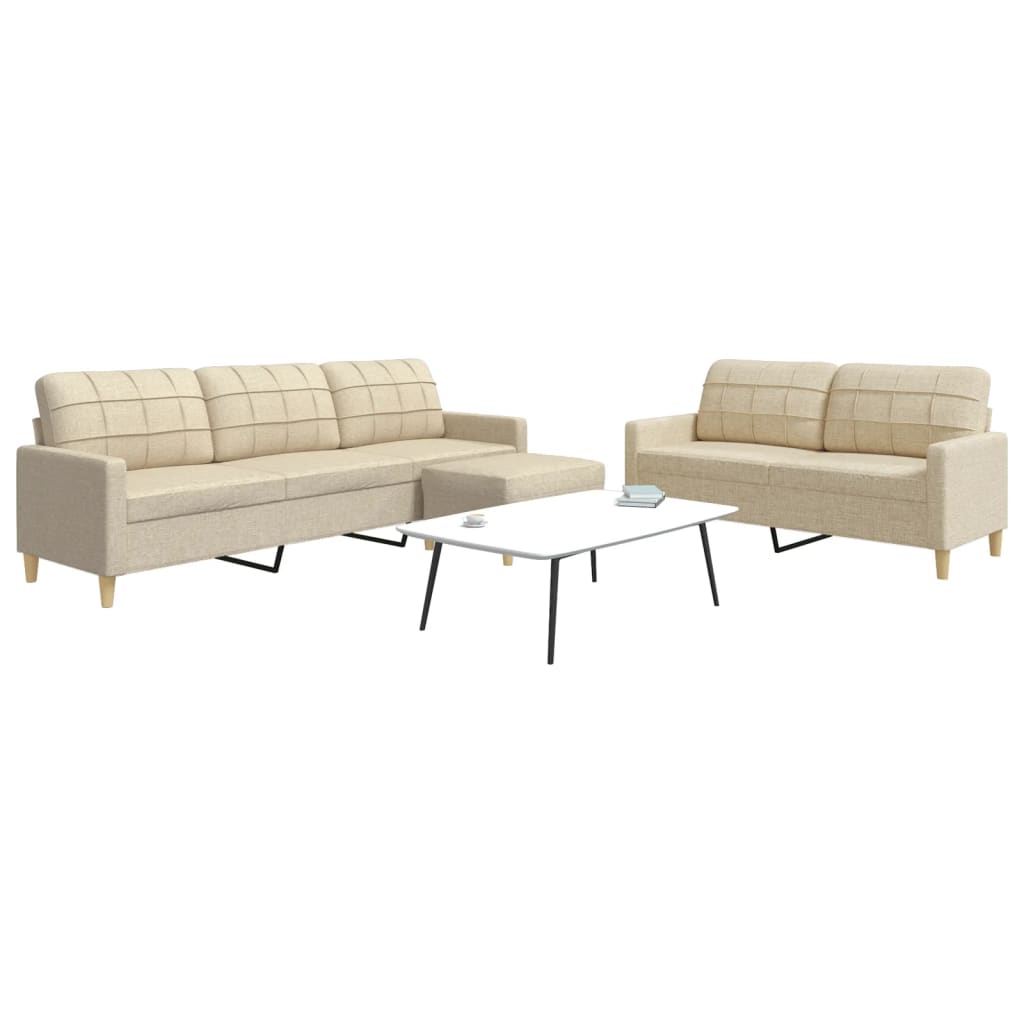 3-tlg. Sofagarnitur mit Fußhocker Creme Stoff