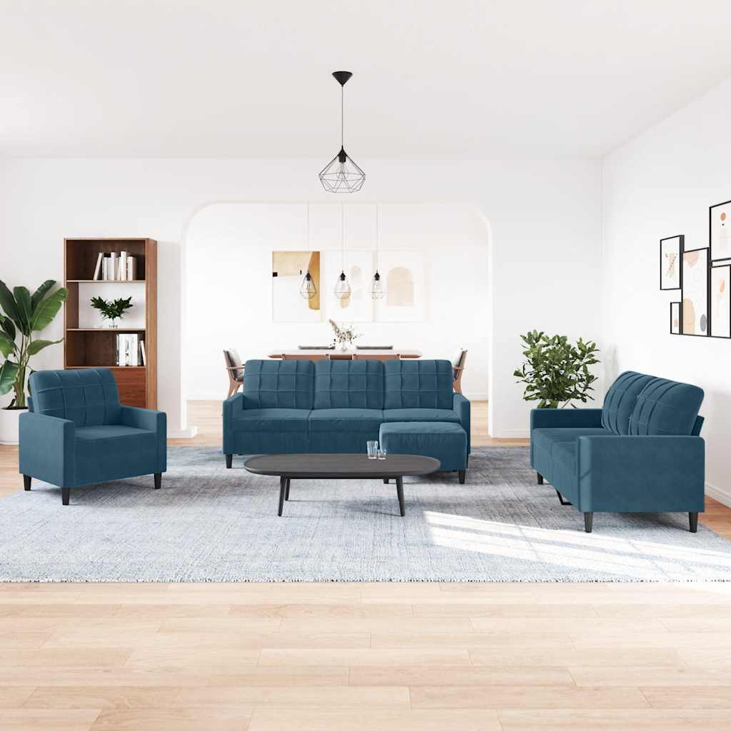 4-tlg. Sofagarnitur mit Kissen Blau Samt