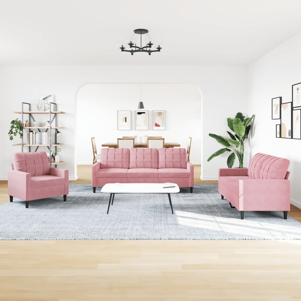 3-tlg. Sofagarnitur mit Kissen und Nackenrollen Rosa Samt