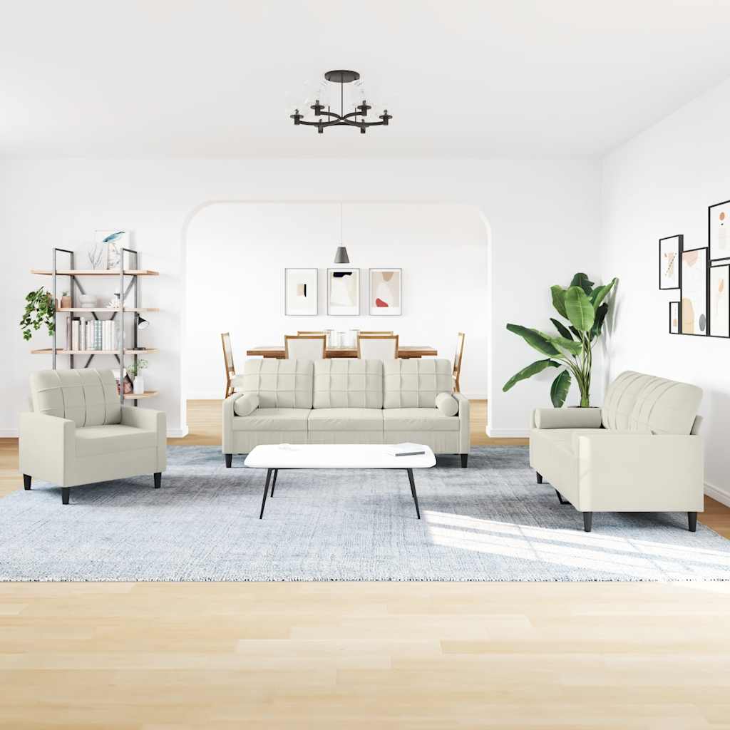3-tlg. Sofagarnitur mit Kissen und Nackenrollen Creme Samt