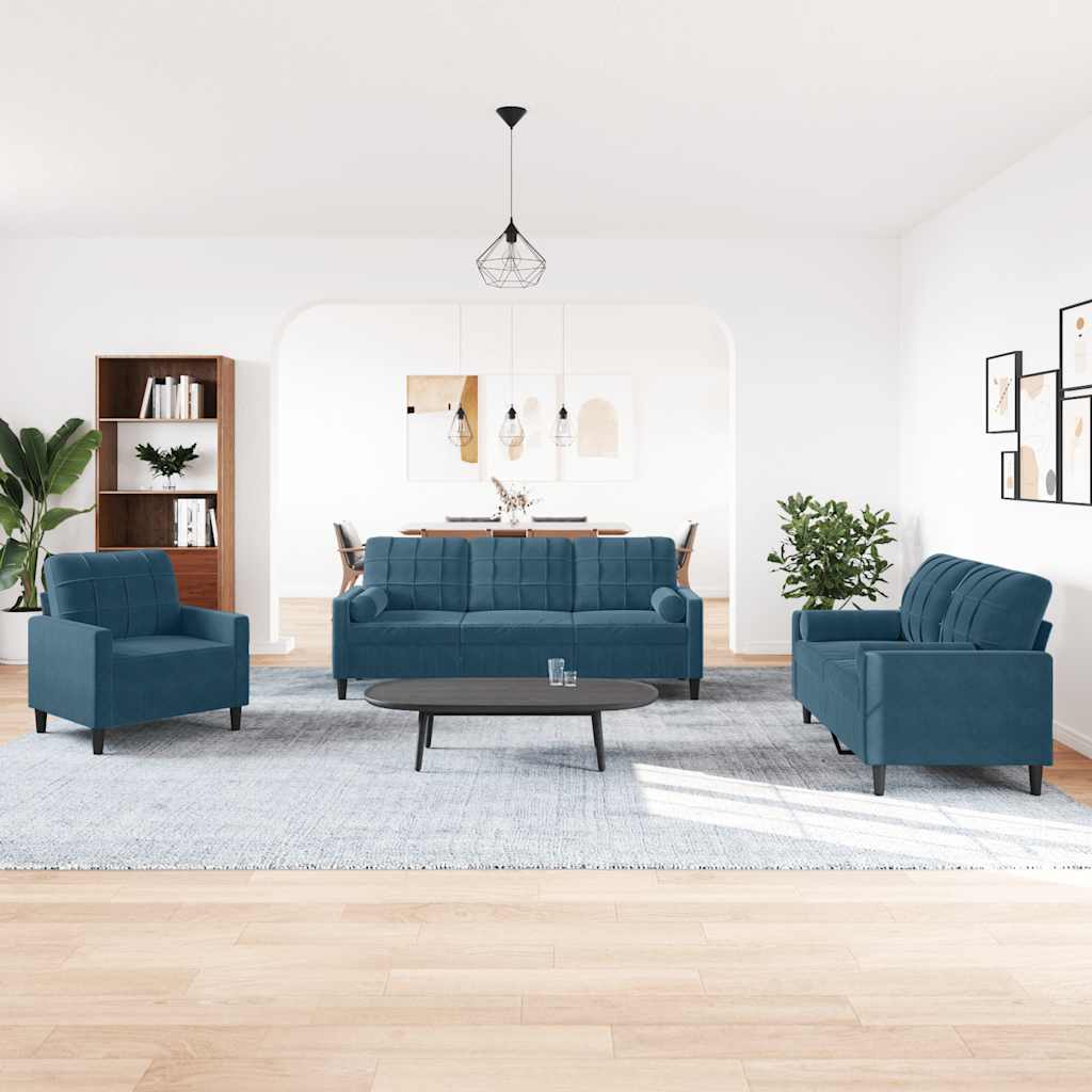 3-tlg. Sofagarnitur mit Kissen und Nackenrollen Blau Samt