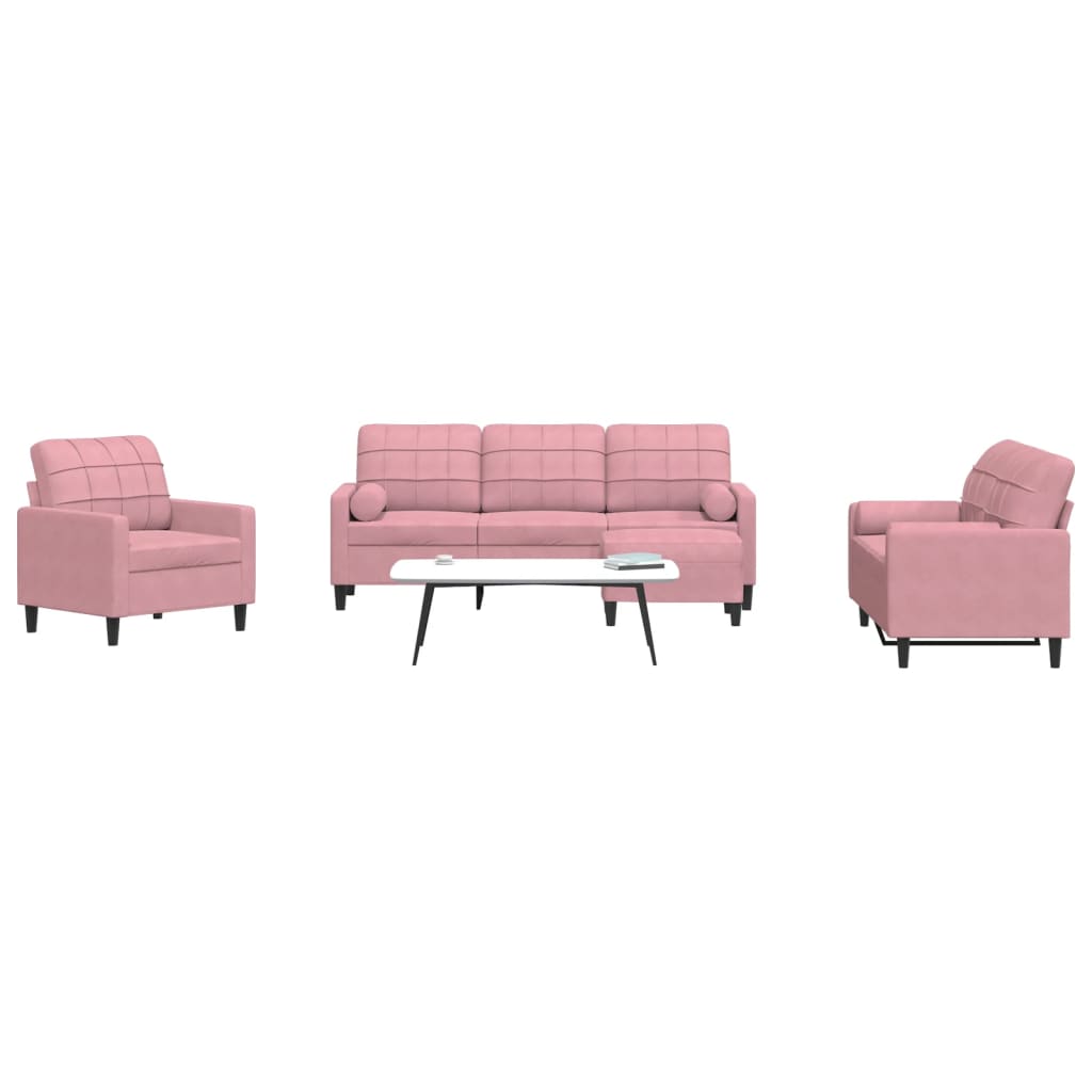 4-tlg. Sofagarnitur mit Kissen und Nackenrollen Rosa Samt