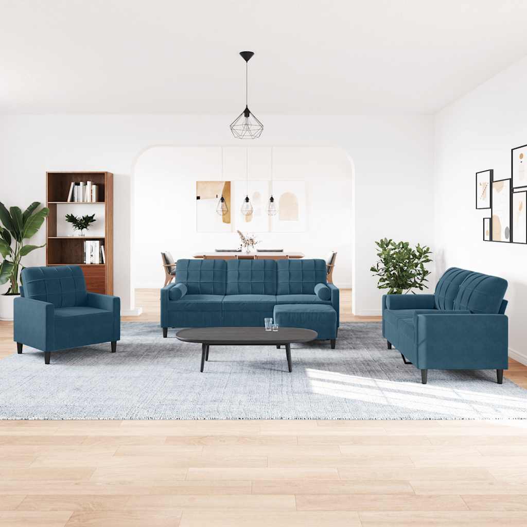 4-tlg. Sofagarnitur mit Kissen und Nackenrollen Blau Samt