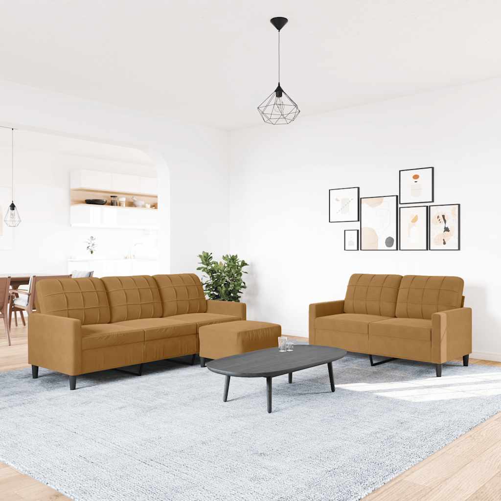 3-tlg. Sofagarnitur mit Kissen Braun Samt