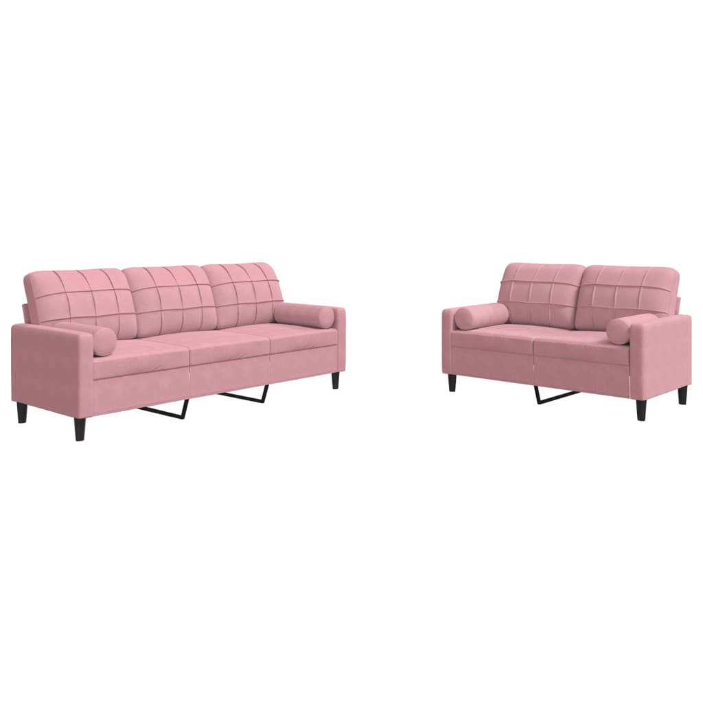2-tlg. Sofagarnitur mit Kissen und Nackenrollen Rosa Samt