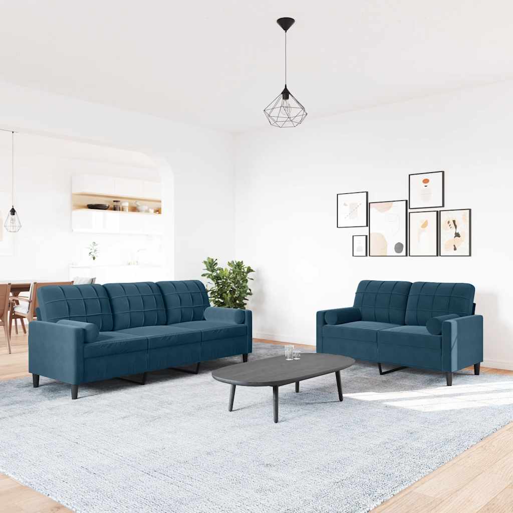 2-tlg. Sofagarnitur mit Kissen und Nackenrollen Blau Samt