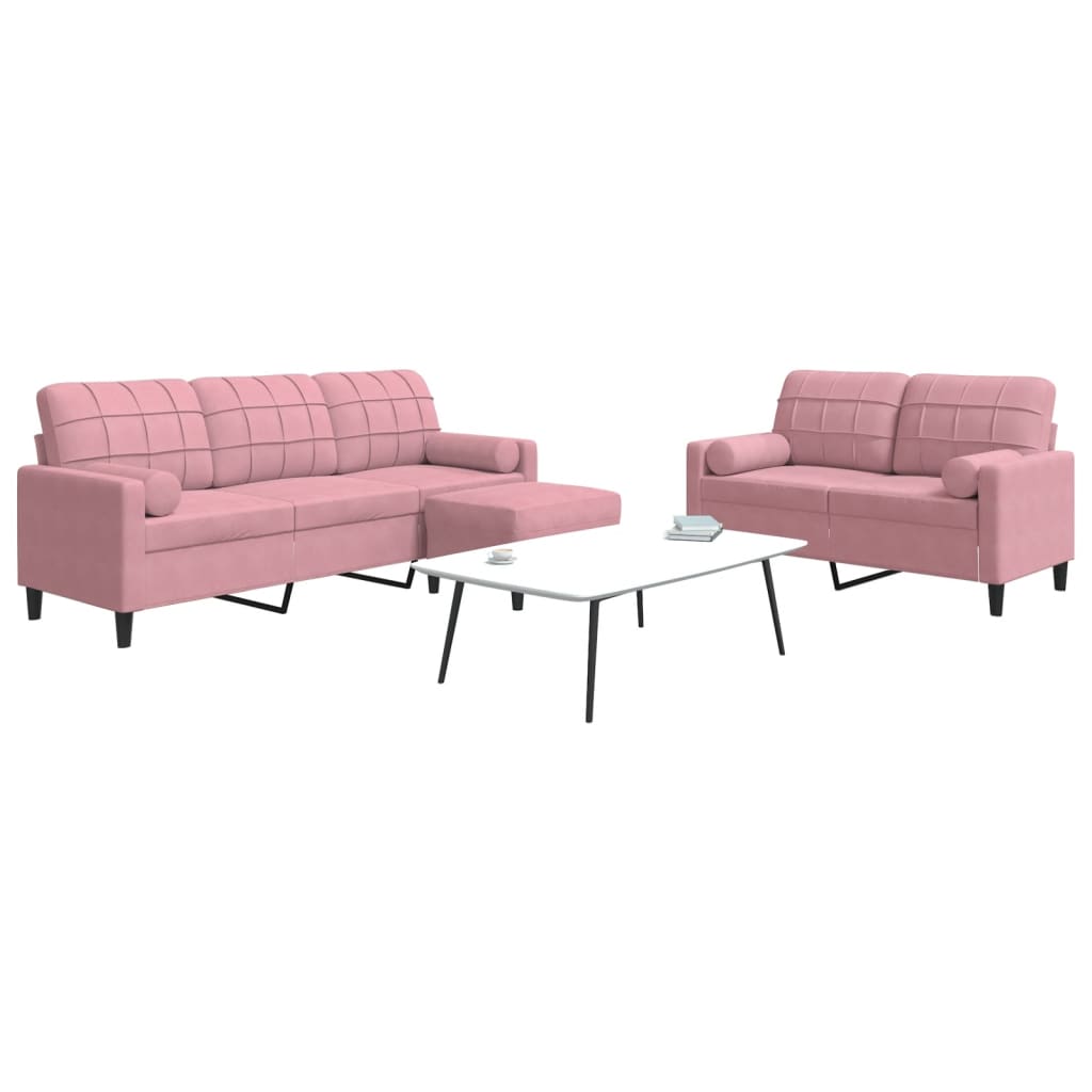 3-tlg. Sofagarnitur mit Kissen und Nackenrollen Rosa Samt
