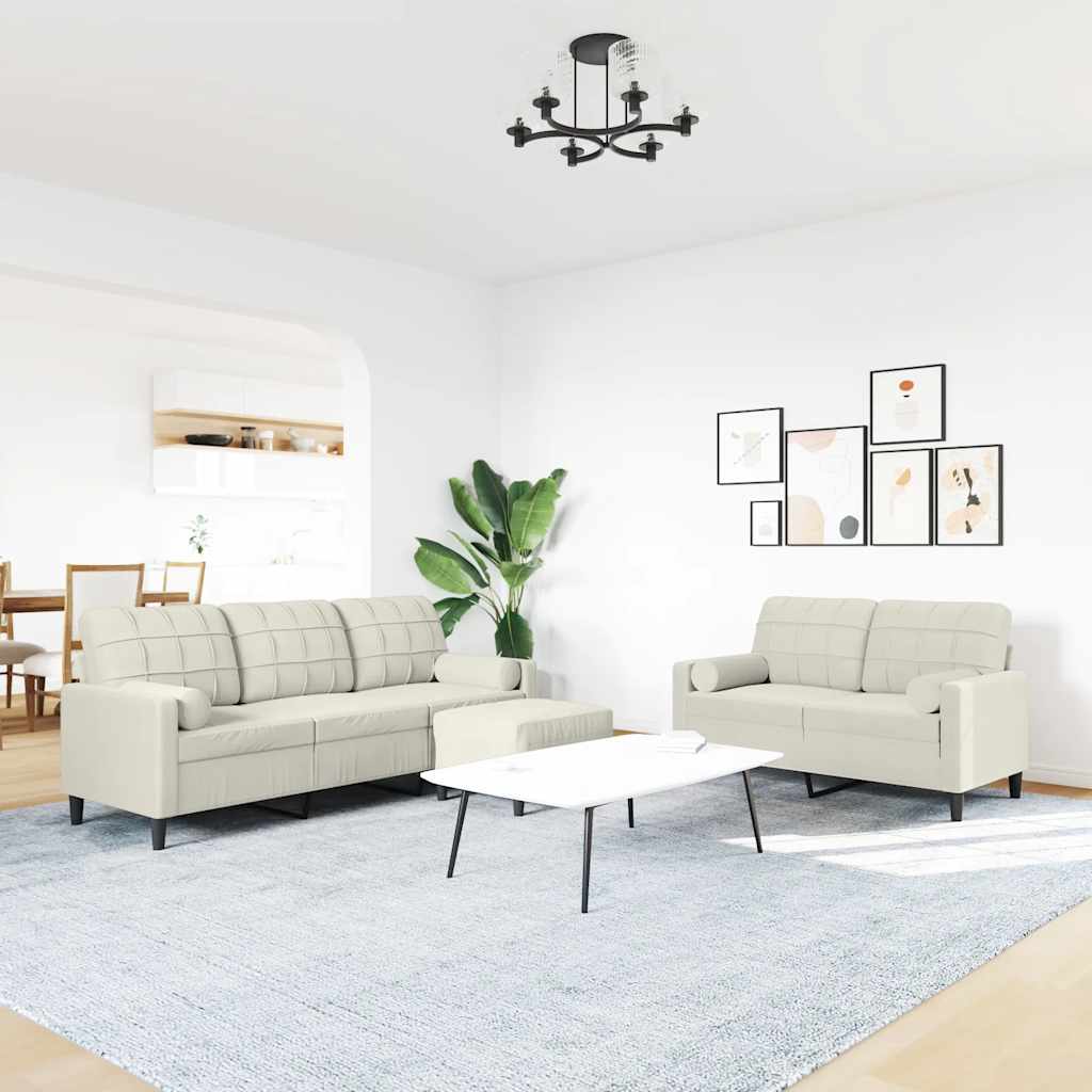 3-tlg. Sofagarnitur mit Kissen und Nackenrollen Creme Samt