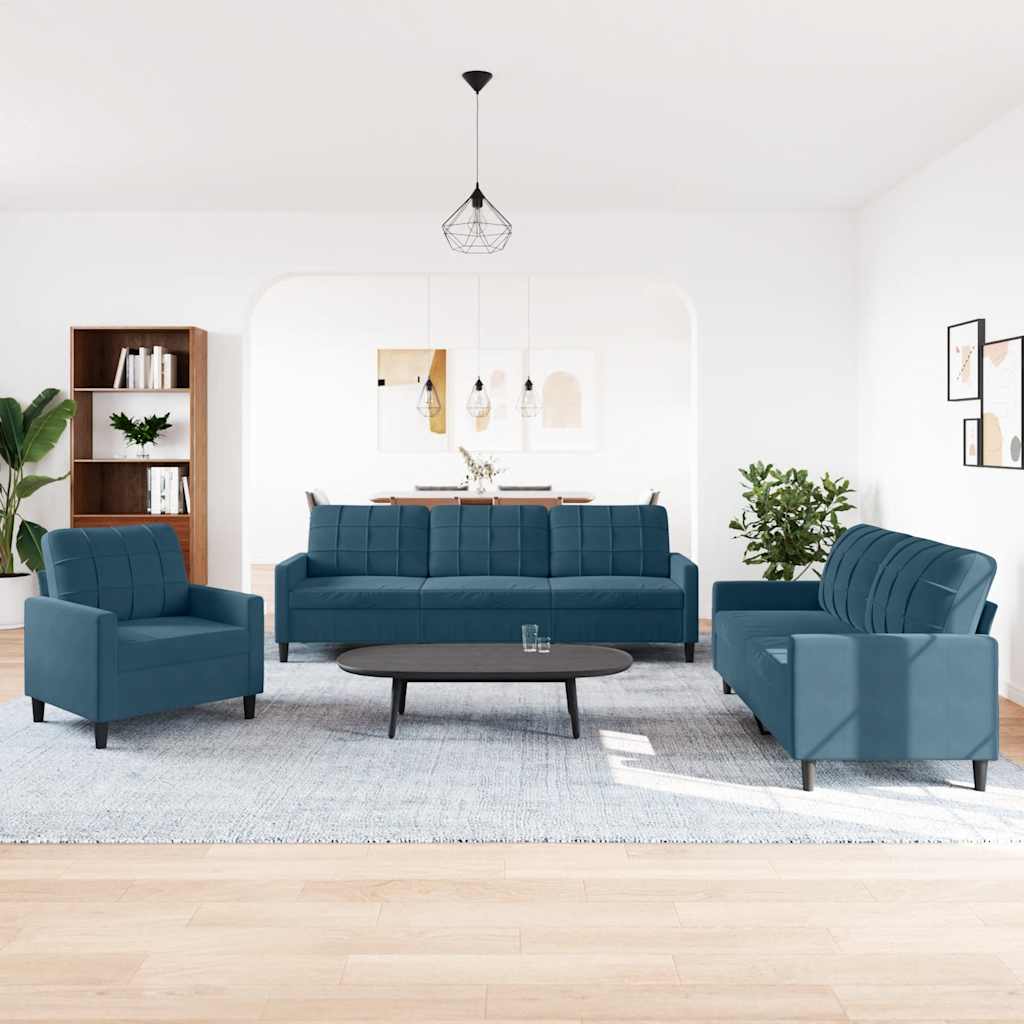 3-tlg. Sofagarnitur mit Kissen Blau Samt