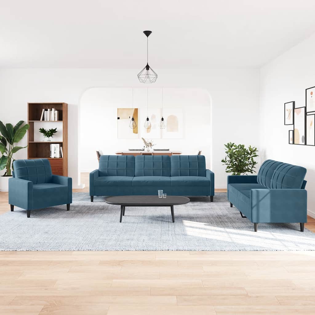 4-tlg. Sofagarnitur mit Kissen Blau Samt