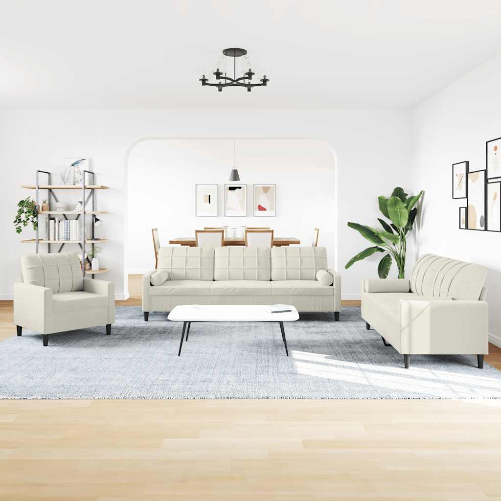 3-tlg. Sofagarnitur mit Kissen und Nackenrollen Creme Samt