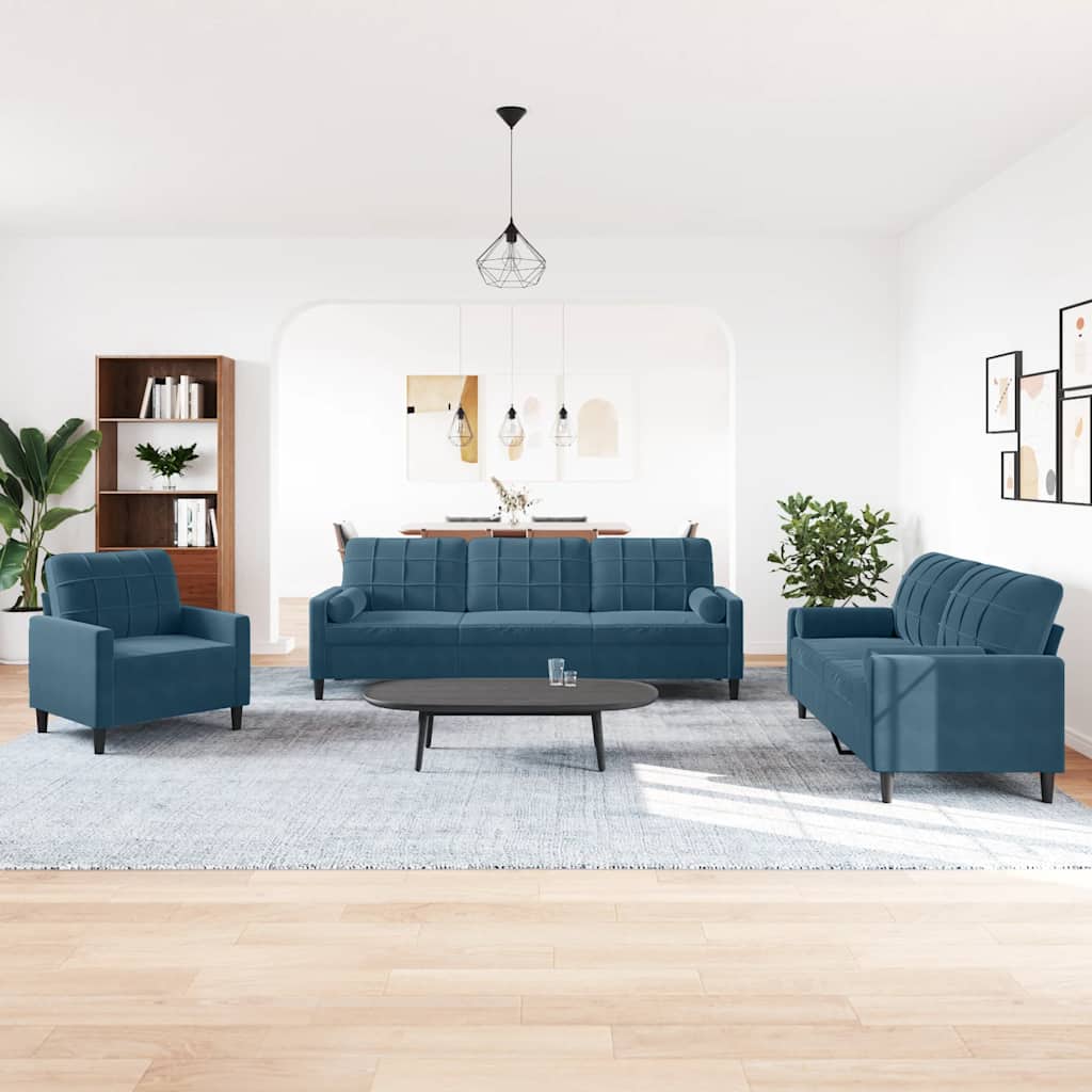 3-tlg. Sofagarnitur mit Kissen und Nackenrollen Blau Samt