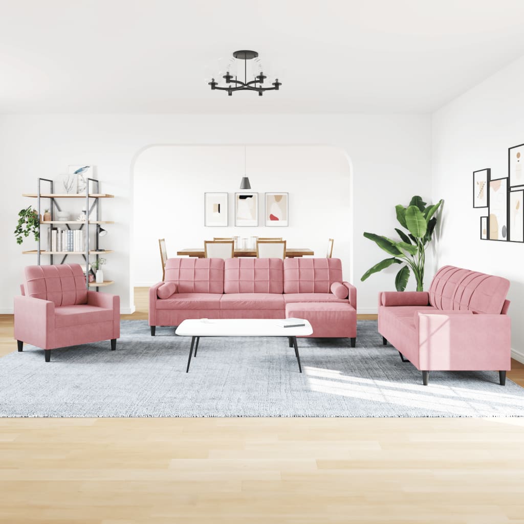 4-tlg. Sofagarnitur mit Kissen und Nackenrollen Rosa Samt