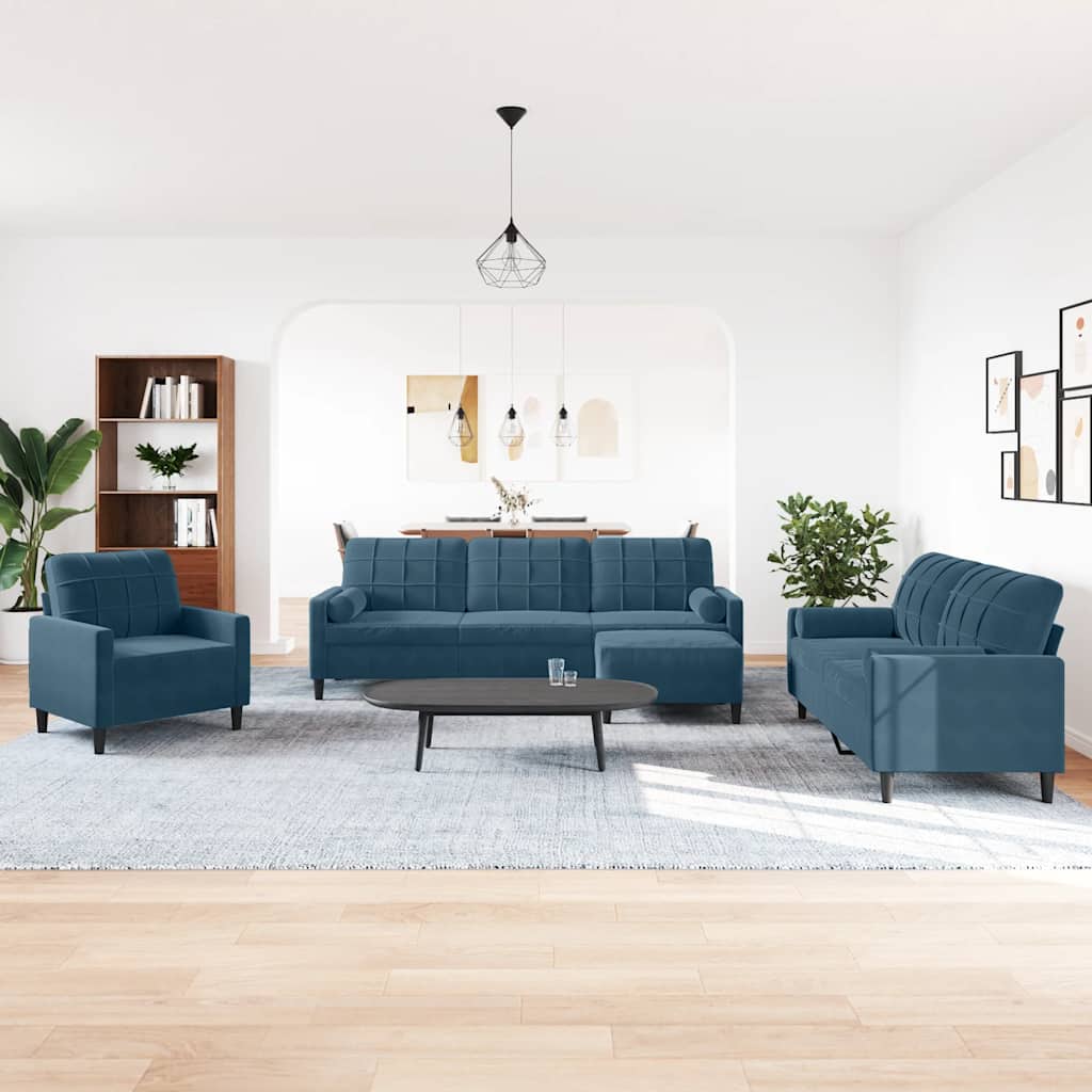4-tlg. Sofagarnitur mit Kissen und Nackenrollen Blau Samt