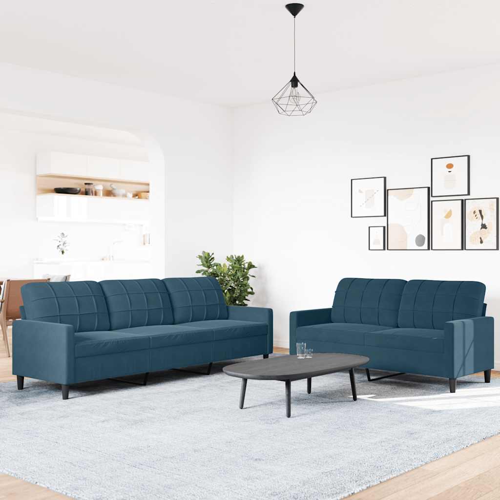 2-tlg. Sofagarnitur mit Kissen Blau Samt