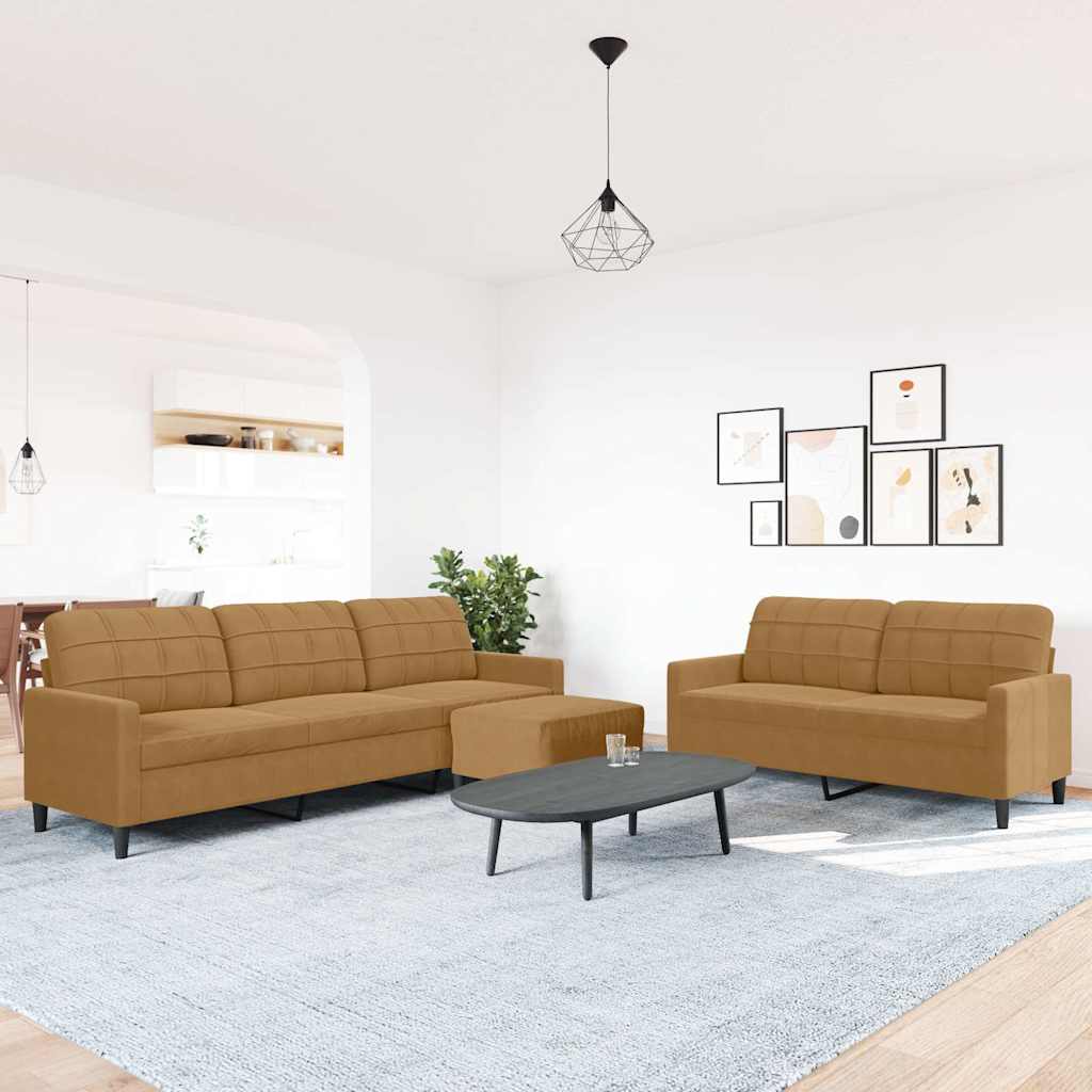 3-tlg. Sofagarnitur mit Kissen Braun Samt