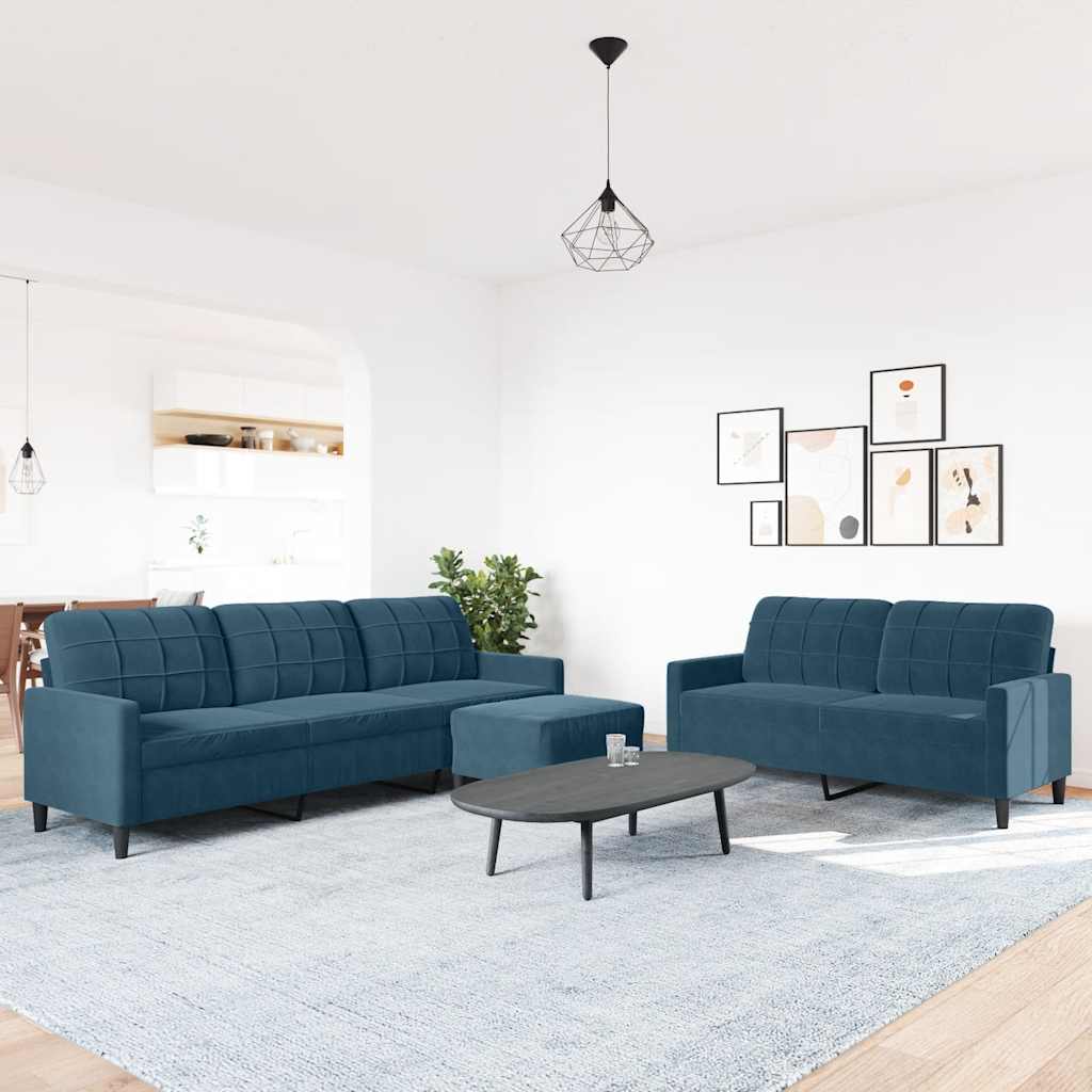 3-tlg. Sofagarnitur mit Kissen Blau Samt