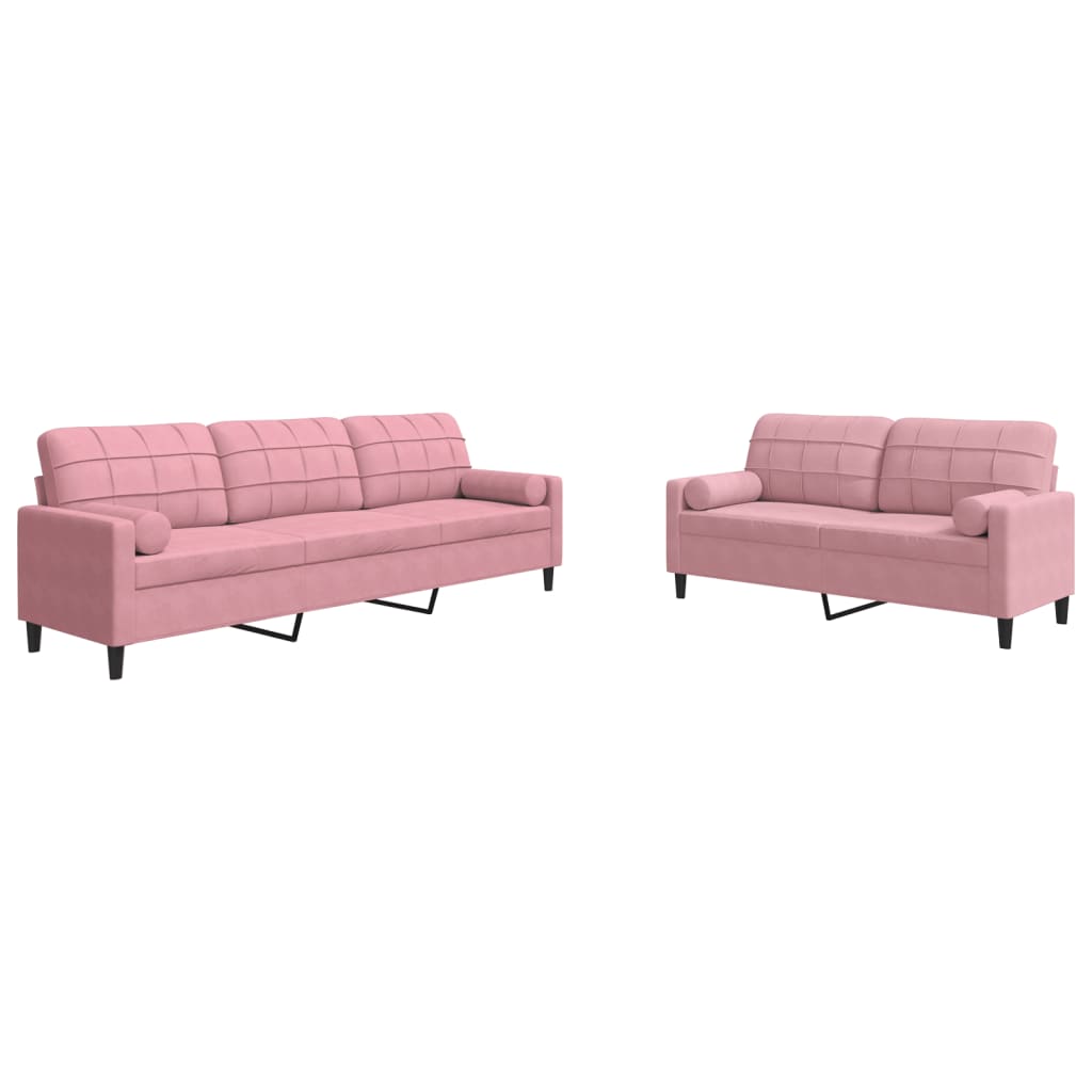 2-tlg. Sofagarnitur mit Kissen und Nackenrollen Rosa Samt