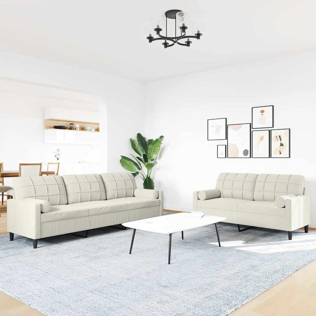2-tlg. Sofagarnitur mit Kissen und Nackenrollen Creme Samt