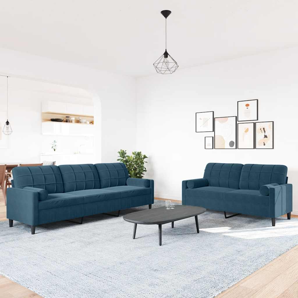 2-tlg. Sofagarnitur mit Kissen und Nackenrollen Blau Samt