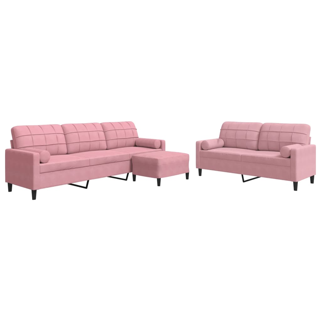 3-tlg. Sofagarnitur mit Kissen und Nackenrollen Rosa Samt