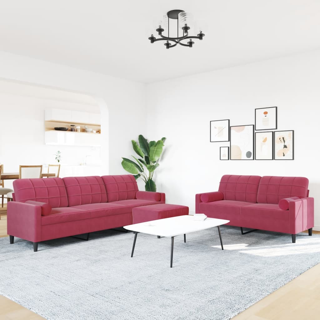 3-tlg. Sofagarnitur mit Kissen und Nackenrollen Weinrot Samt