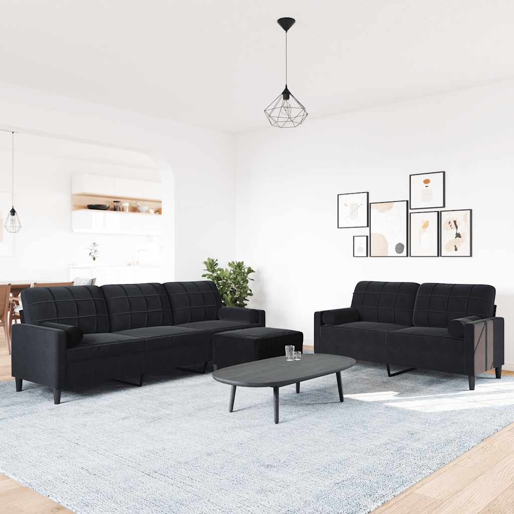 3-tlg. Sofagarnitur mit Kissen und Nackenrollen Schwarz Samt