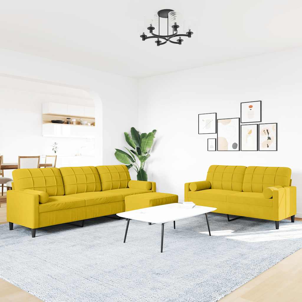 3-tlg. Sofagarnitur mit Kissen und Nackenrollen Gelb Samt