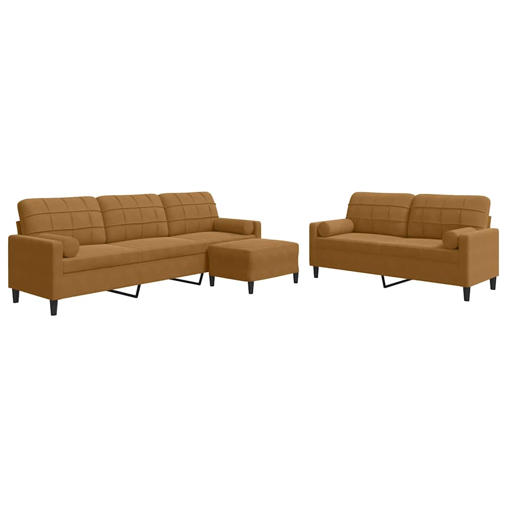 3-tlg. Sofagarnitur mit Kissen und Nackenrollen Braun Samt