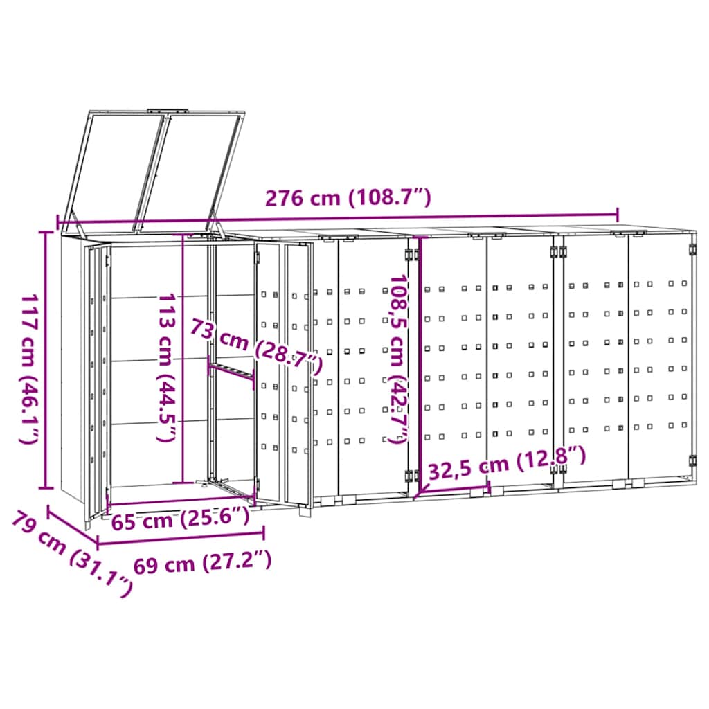 Mülltonnenbox für 4 Tonnen Schwarz 276x79x117 cm Stahl