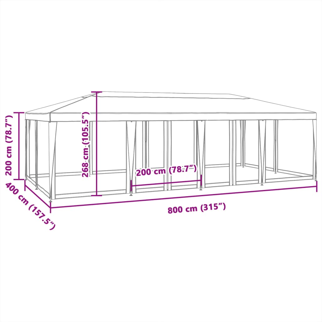 Partyzelt mit 12 Mesh-Seitenteilen Anthrazit 8x4 m HDPE